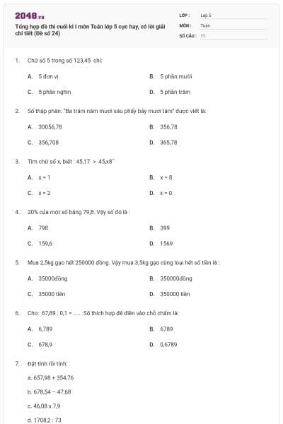 Tổng hợp đề thi cuối kì I môn Toán lớp 5 cực hay, có lời giải chi tiết (Đề số 24)