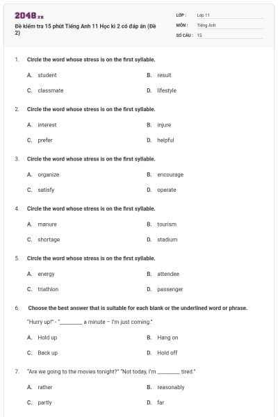 Đề kiểm tra 15 phút Tiếng Anh 11 Học kì 2 có đáp án (Đề 2)