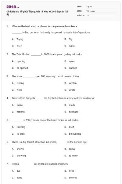 Đề kiểm tra 15 phút Tiếng Anh 11 Học kì 2 có đáp án (Đề 4)