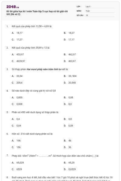 Đề thi giữa học kì I môn Toán lớp 5 cực hay có lời giải chi tiết (Đề số 3)