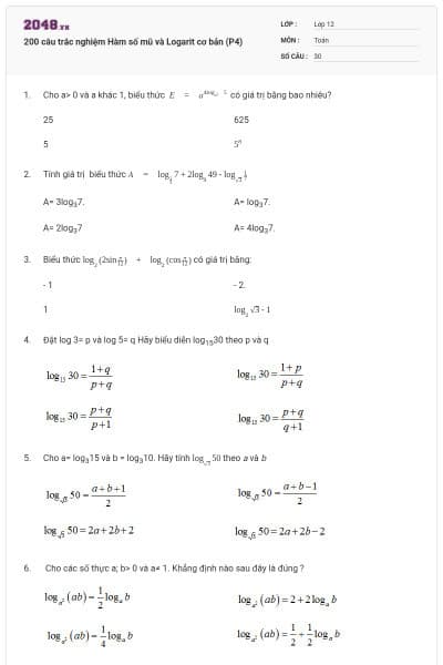 200 câu trắc nghiệm Hàm số mũ và Logarit cơ bản (P4)