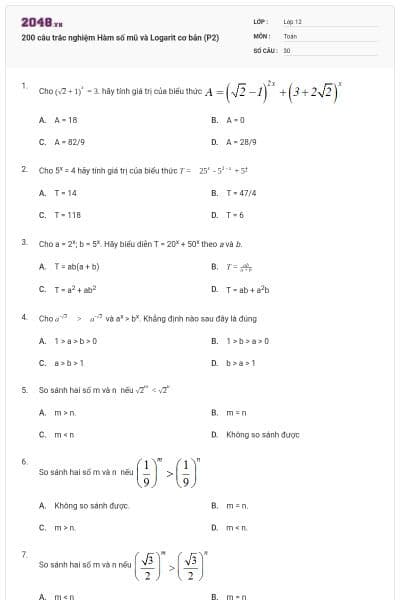 200 câu trắc nghiệm Hàm số mũ và Logarit cơ bản (P2)