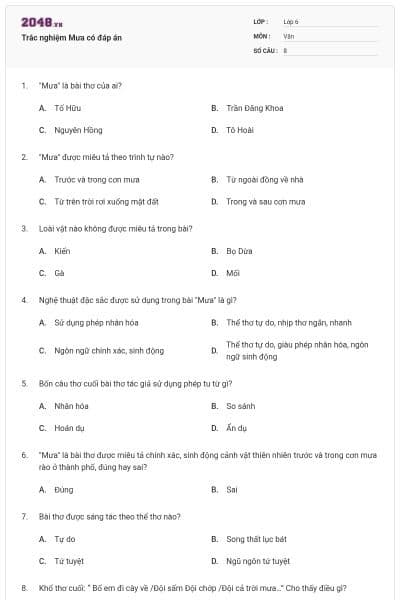 Trắc nghiệm Mưa có đáp án