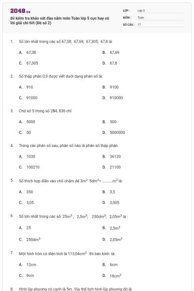 Đề kiểm tra khảo sát đầu năm môn Toán lớp 5 cực hay có lời giải chi tiết (Đề số 2)