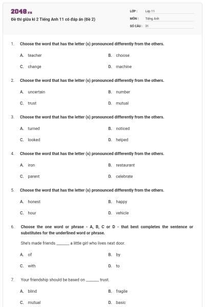 Đề thi giữa kì 2 Tiếng Anh 11 có đáp án (Đề 2)
