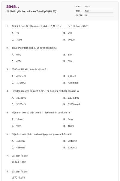 22 Đề thi giữa học kì II môn Toán lớp 5 (Đề 20)