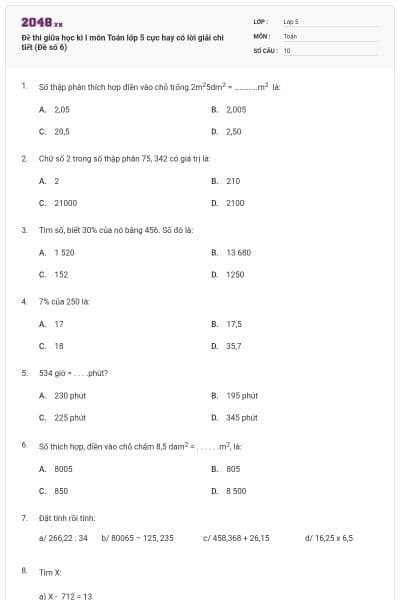 Đề thi giữa học kì I môn Toán lớp 5 cực hay có lời giải chi tiết (Đề số 6)