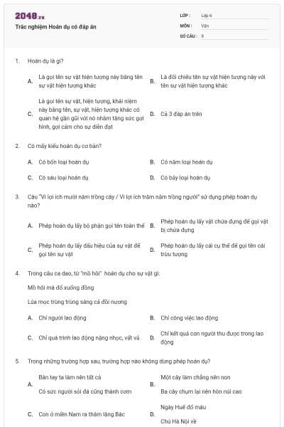 Trắc nghiệm Hoán dụ có đáp án