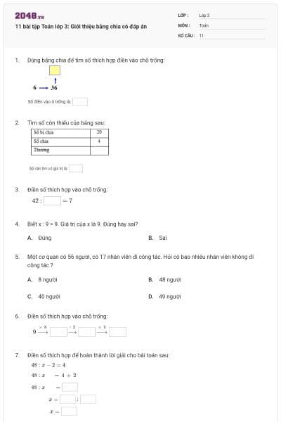 11 bài tập Toán lớp 3: Giới thiệu bảng chia có đáp án