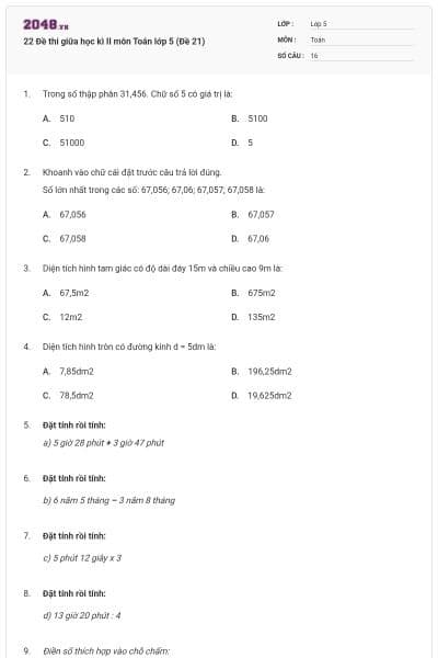 22 Đề thi giữa học kì II môn Toán lớp 5 (Đề 21)