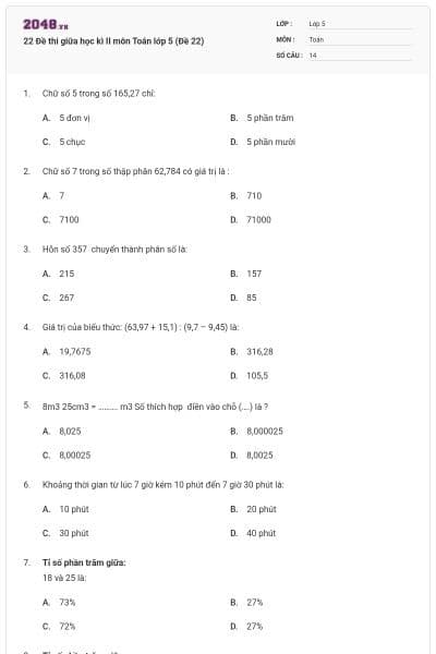 22 Đề thi giữa học kì II môn Toán lớp 5 (Đề 22)
