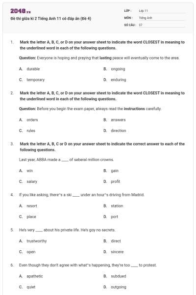 Đề thi giữa kì 2 Tiếng Anh 11 có đáp án (Đề 4)