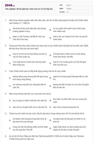 Trắc nghiệm: Đề thi giữa kỳ I môn Lịch sử 12 (có đáp án)