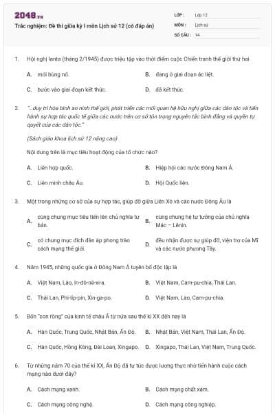 Trắc nghiệm: Đề thi giữa kỳ I môn Lịch sử 12 (có đáp án)