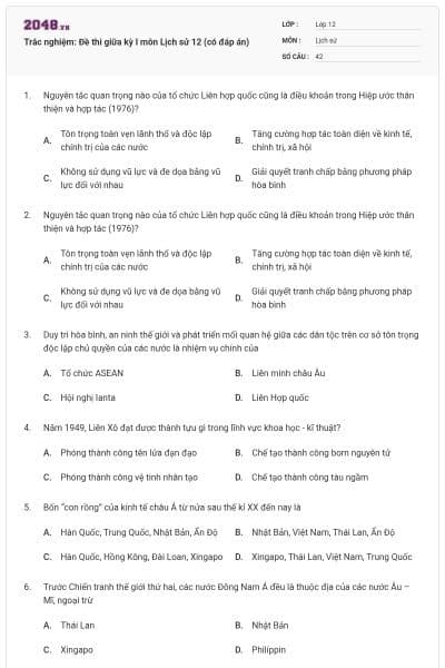 Trắc nghiệm: Đề thi giữa kỳ I môn Lịch sử 12 (có đáp án)