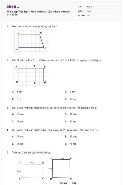 10 bài tập Toán lớp 3: Hình chữ nhật. Chu vi hình chữ nhật có đáp án
