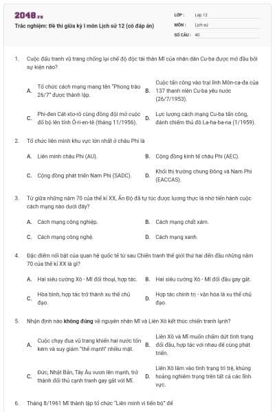 Trắc nghiệm: Đề thi giữa kỳ I môn Lịch sử 12 (có đáp án)