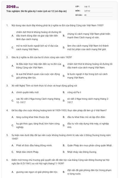 Trắc nghiệm: Đề thi giữa kỳ I môn Lịch sử 12 (có đáp án)