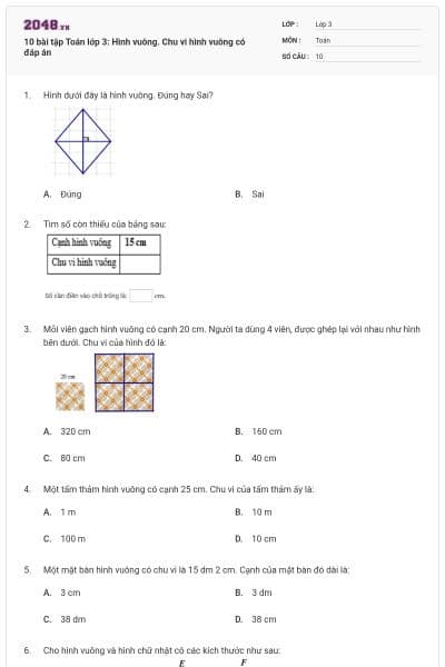 10 bài tập Toán lớp 3: Hình vuông. Chu vi hình vuông có đáp án