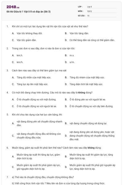 Đề thi Giữa kì 1 Vật lí 8 có đáp án (Đề 3)
