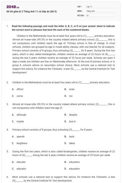 Đề thi giữa kì 2 Tiếng Anh 11 có đáp án (Đề 5)