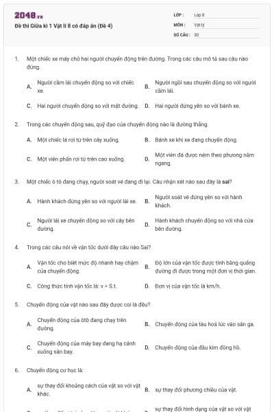 Đề thi Giữa kì 1 Vật lí 8 có đáp án (Đề 4)
