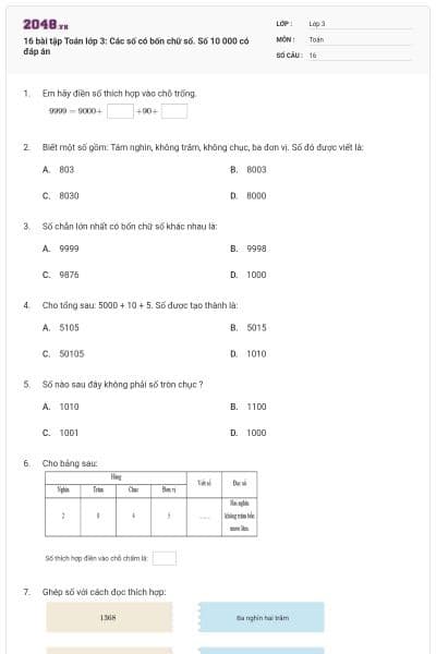 16 bài tập Toán lớp 3: Các số có bốn chữ số. Số 10 000 có đáp án