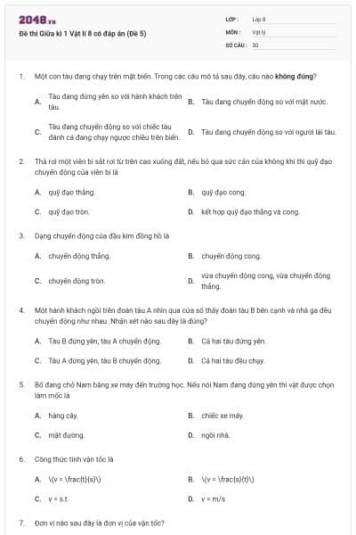 Đề thi Giữa kì 1 Vật lí 8 có đáp án (Đề 5)