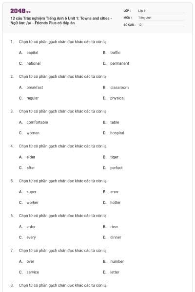 12 câu Trắc nghiệm Tiếng Anh 6 Unit 1: Towns and cities - Ngữ âm: /ə/ - Friends Plus có đáp án