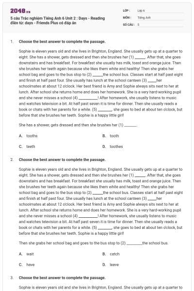 5 câu Trắc nghiệm Tiếng Anh 6 Unit 2 : Days - Reading điền từ: days - Friends Plus có đáp án