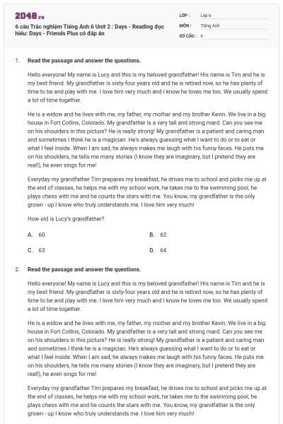 6 câu Trắc nghiệm Tiếng Anh 6 Unit 2 : Days - Reading đọc hiểu: Days - Friends Plus có đáp án