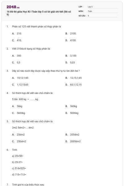 16 Đề thi giữa Học Kì I Toán lớp 5 có lời giải chi tiết (Đề số 9)