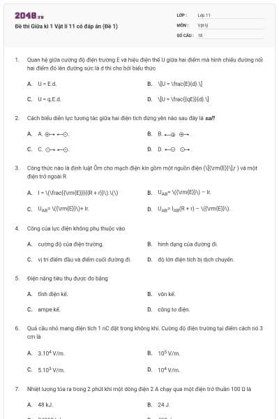 Đề thi Giữa kì 1 Vật lí 11 có đáp án (Đề 1)