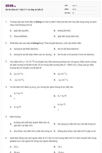 Đề thi Giữa kì 1 Vật lí 11 có đáp án (Đề 2)