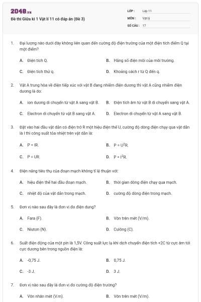 Đề thi Giữa kì 1 Vật lí 11 có đáp án (Đề 3)