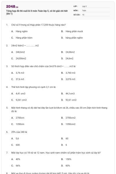 Tổng hợp đề thi cuối kì II môn Toán lớp 5, có lời giải chi tiết (Đề 1)