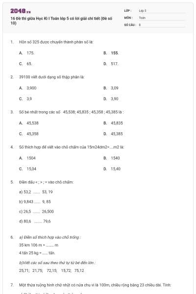 16 Đề thi giữa Học Kì I Toán lớp 5 có lời giải chi tiết (Đề số 10)