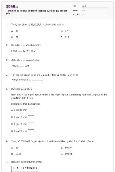 Tổng hợp đề thi cuối kì II môn Toán lớp 5, có lời giải chi tiết (Đề 2)
