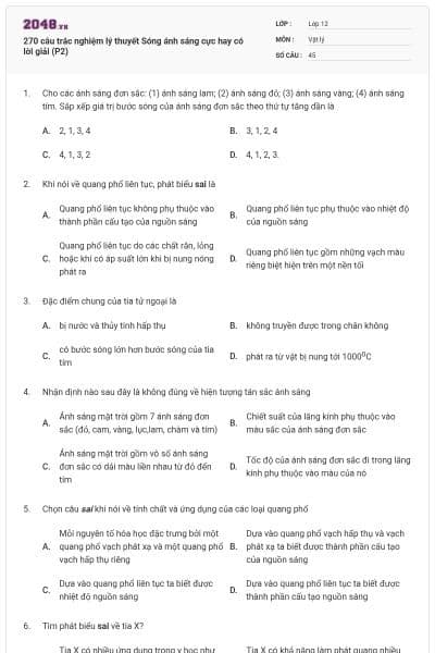 270 câu trắc nghiệm lý thuyết Sóng ánh sáng cực hay có lời giải (P2)