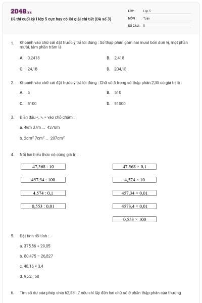 Đề thi cuối kỳ I lớp 5 cực hay có lời giải chi tiết (Đề số 3)