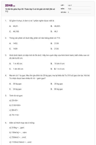 16 Đề thi giữa Học Kì I Toán lớp 5 có lời giải chi tiết (Đề số 11)