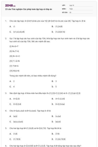 23 câu Trắc nghiệm Các phép toán tập hợp có đáp án