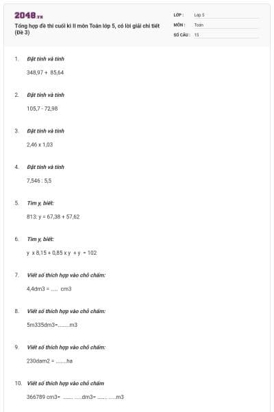 Tổng hợp đề thi cuối kì II môn Toán lớp 5, có lời giải chi tiết (Đề 3)