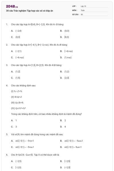 30 câu Trắc nghiệm Tập hợp các số có đáp án