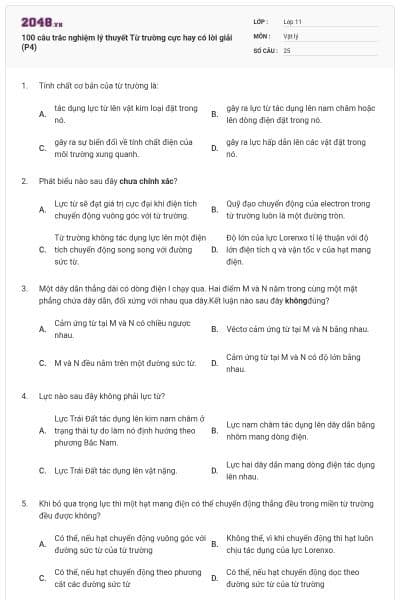 100 câu trắc nghiệm lý thuyết Từ trường cực hay có lời giải (P4)