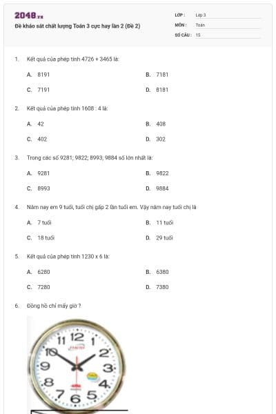 Đề kháo sát chất lượng Toán 3 cực hay lần 2 (Đề 2)