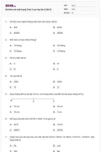 Đề kháo sát chất lượng Toán 3 cực hay lần 2 (Đề 5)