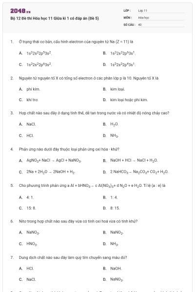 Bộ 12 Đề thi Hóa học 11 Giữa kì 1 có đáp án (Đề 5)