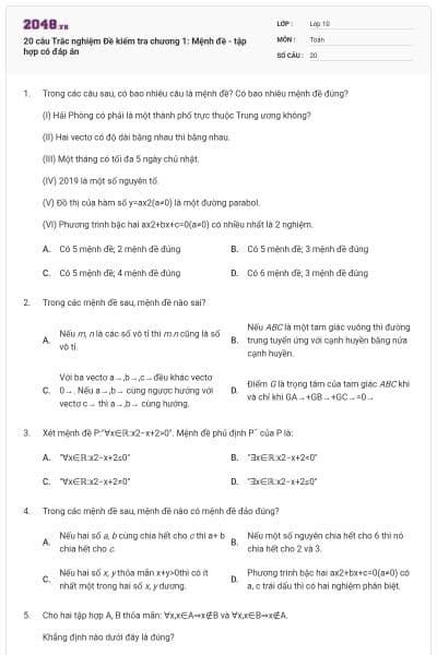 20 câu Trắc nghiệm Đề kiểm tra chương 1: Mệnh đề - tập hợp có đáp án