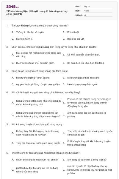 215 câu trắc nghiệm lý thuyết Lượng tử ánh sáng cực hay có lời giải (P4)